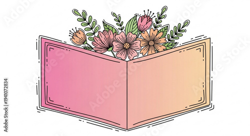 Colorful illustration of an open book with pink and peach pages and a bouquet of flowers on a white background
