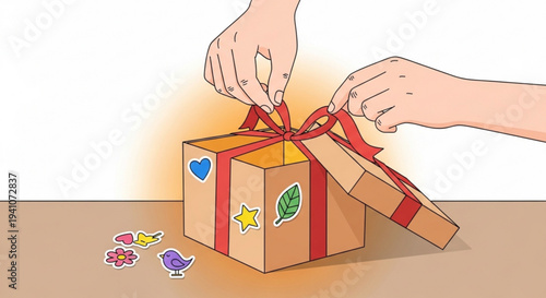 Person tying red ribbon on a gift box with stickers on a table with puzzle pieces