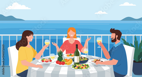Friends having a wonderful dinner and drinking white wine on a sunny balcony with a breathtaking view of the sea.