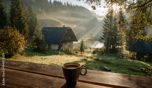 Cozy cabin breakfast with steaming coffee amidst misty mountain sunrise