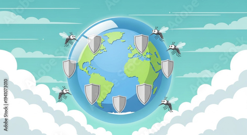 Global Mosquito Protection Concept Cartoon Earth Encased in a Shielded Bubble, Symbolizing Worldwide Pest Control and Health Security Measures