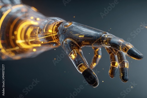 Futuristic glowing robotic arm reaching out against a dark background