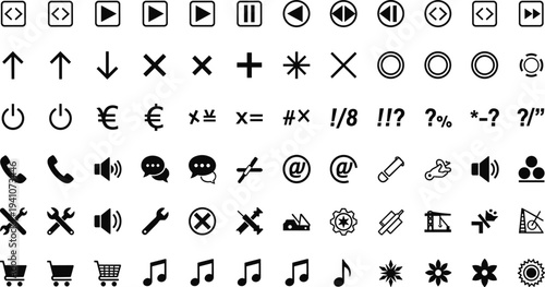 Comprehensive set of black minimalist vector icons featuring media player controls shopping carts musical notes currency symbols and technical user interface elements.Comprehensive set of black minima