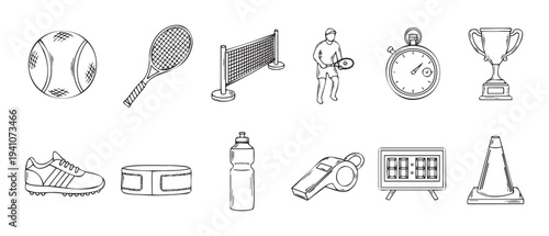 Tennis themed sports equipment and athletic gear doodle collection, perfect for fitness applications, game development, and sportswear branding.