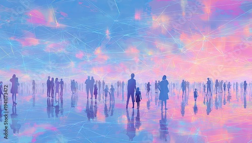 Ethereal digital sky with glowing network lines connects silhouetted people