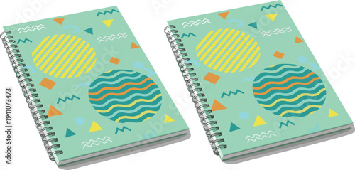 Spiral Notebook Vector Illustration with Abstract Geometric Cover Design School Stationery Journal or Notepad Template