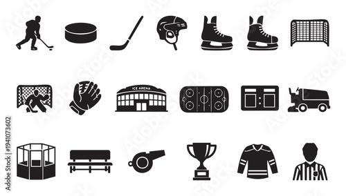 Comprehensive collection of ice hockey equipment and game elements in a simple silhouette icon style for sports event promotions and athletic graphic design projects