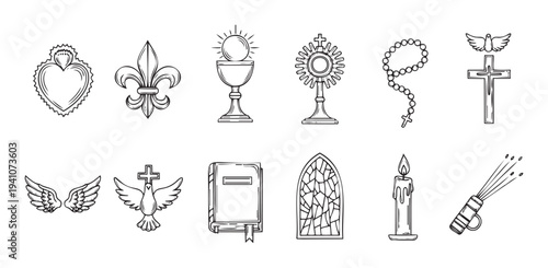 Collection of Christian religion symbols and spiritual icons including sacred heart, rosary, bible, cross, and dove, ideal for religious education, church media, and spiritual event
