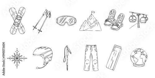 Collection of essential winter sports and mountain adventure equipment featuring skis, snowboards, helmets, and gondolas, ideal for seasonal marketing campaigns and activity guides.