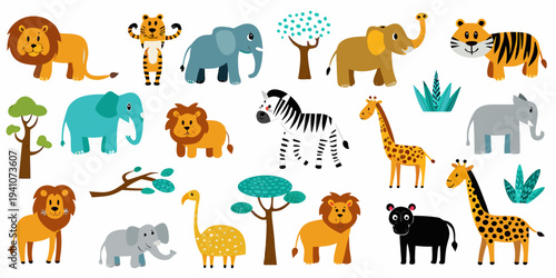 Colorful cartoon illustration featuring various african animals and foliage
