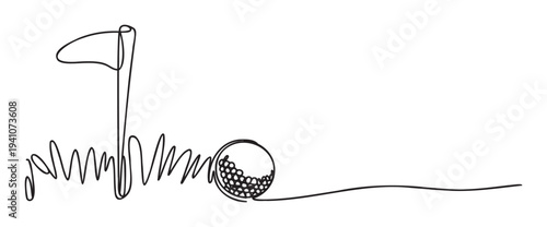 Continuous single line drawing depicting a golf flag on a green and a golf ball, ideal for sports marketing, athletic club promotions, or minimalist golf event invitations and decor