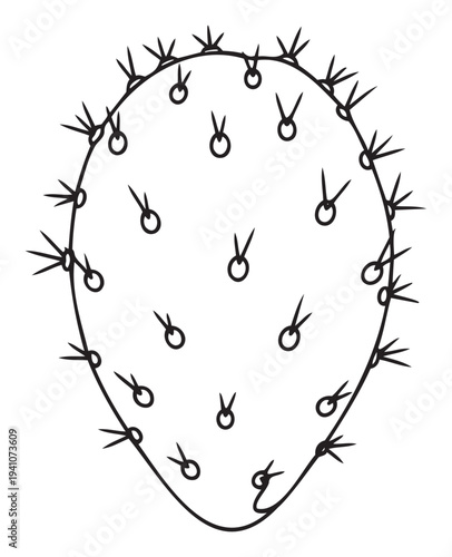 Detailed black outline drawing of a classic prickly pear cactus pad, perfect for botanical themed educational materials, desert plant studies, or minimalist graphic designs.