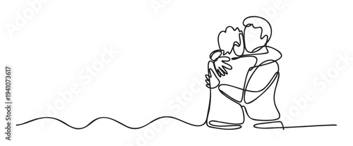 Minimalist continuous line drawing of a loving couple embracing, representing connection and support, ideal for graphic elements in romantic or relationshipthemed projects.