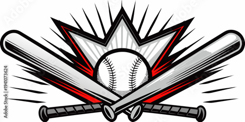 A dynamic illustration featuring crossed baseball bats and a baseball