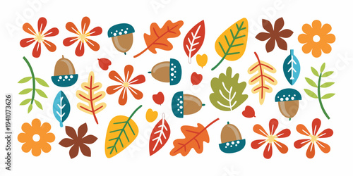 Colorful autumn floral and acorn arrangement on a white background