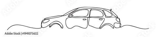 Modern single line graphic of an automobile in motion across an undulating surface, suitable for conveying dynamic travel, futuristic transport, or ecological awareness campaigns.