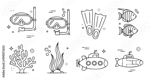Underwater adventure essentials including snorkeling gear, flippers, vibrant coral, diverse fish, and mysterious submarines are perfect for ocean themed digital graphics and informational