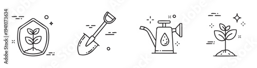 A collection of gardening and plant care line icons, including a protected sprout, a shovel, a watering can, and a growing plant, perfect for naturerelated content and ecofriendly designs.