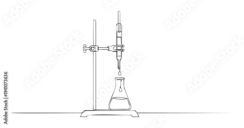 Chemical laboratory experiment depicting a titration setup with a burette releasing precise liquid drops into an Erlenmeyer flask, suitable for chemistry textbooks and educational platforms.
