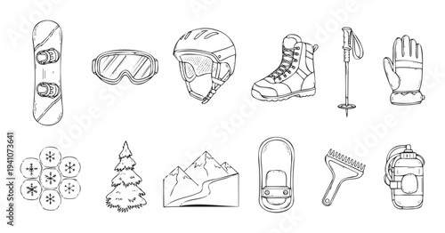 Comprehensive collection of essential winter sports equipment and outdoor activity items depicted in a stylized outline drawing for educational materials or seasonal promotions