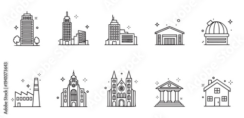A versatile collection of outline icons featuring various building types including skyscrapers, a factory, observatory, warehouse, churches, and a classical structure, perfect for urban