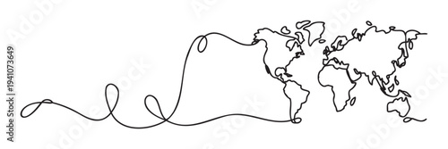 Minimalist world map outline drawn with a single continuous line symbolizing global connection and travel concepts perfect for business presentations or educational materials