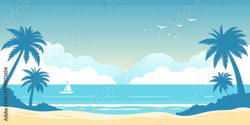 Tropical beach scene with palm trees ocean and a distant sailboat