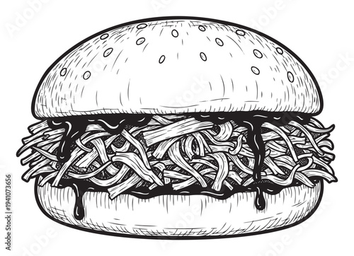 Classic hand drawn pulled pork sandwich with savory barbecue sauce dripping for restaurant menus, food blogs, or culinary marketing materials