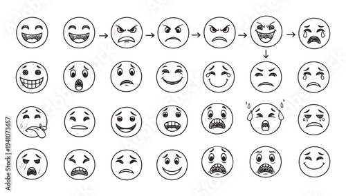 A comprehensive collection of handdrawn emoji faces depicting various human emotions and expressions, suitable for use in educational materials, social media, and communication interfaces