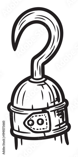 Bold graphic depiction of a classic pirate hook hand accessory, perfect for historical adventure themed promotions, costume party invitations, or game user interface elements.