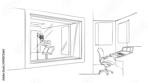 Professional sound recording studio setup with a vocal booth and control room, perfect for music production and audio engineering projects in the media industry