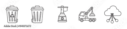 Modern line icons featuring environmental recycling, waste disposal, kitchen appliance, industrial crane vehicle, and cloud computing technology, suitable for digital media interfaces.