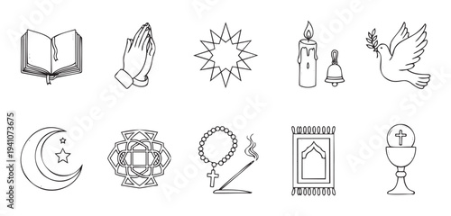 A comprehensive collection of diverse spiritual and faithbased symbols suitable for educational materials, interfaith dialogues, cultural studies, and worshiprelated media projects.