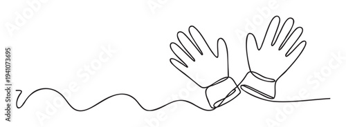 Stylish continuous line drawing showcasing a pair of protective gloves, ideal for use in various safety awareness campaigns, gardening promotions, or minimalist graphic design applications.