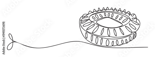 Simple continuous line drawing portraying a modern sports stadium, ideal for event marketing, athletic league branding, and clean graphic presentations for various sporting activities.