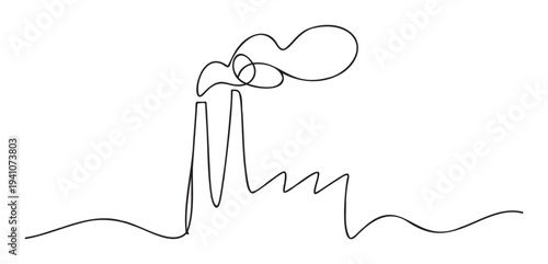 Simple continuous line drawing of an industrial factory or power plant emitting smoke, representing environmental concerns for climate change awareness campaigns and business presentations