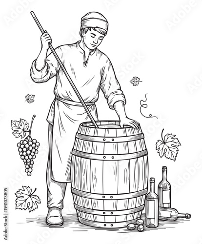 Traditional winemaking process with a person stirring grapes in a large wooden barrel alongside grape clusters and bottles, ideal for showcasing beverage production or farmtotable narratives