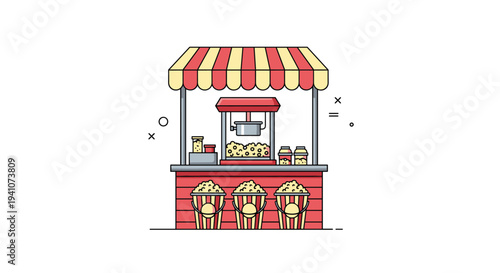 Colorful popcorn stand illustration featuring a striped awning and multiple buckets of fresh snacks at a carnival.