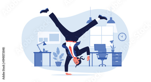 Energetic office employee performing a handstand at his desk to celebrate work-life balance and creative freedom.