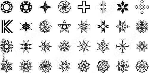 Set of black minimalist vector icons featuring geometric stars decorative cross symbols hexagonal patterns and abstract circular ornaments for modern branding and graphic design.Set of black minimalis