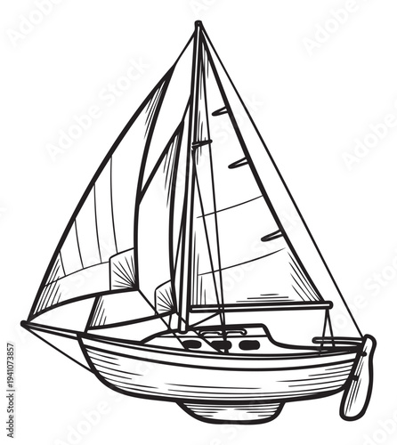Classic black outline drawing of a sailboat with full sails for watersports advertisements, travel agency brochures, ocean themed decorations, and sailing club promotions