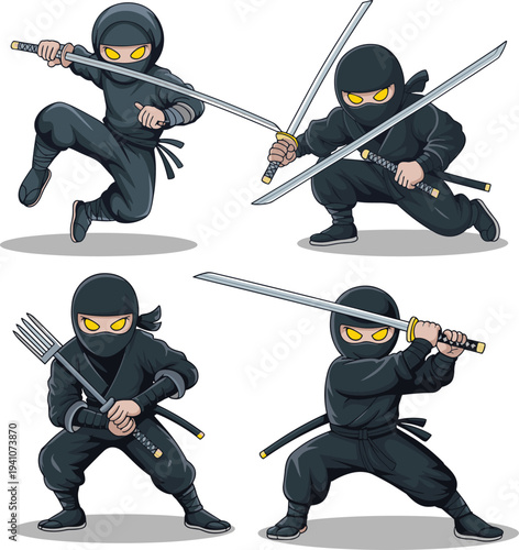 Ninja silhouettes, katana sword poses, martial arts cartoon, combat stance artwork, stealth warrior design, humorous ninja figure, action illustration
