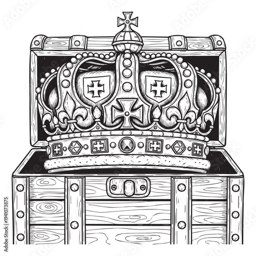 A majestic imperial crown intricately adorned with crosses and fleursdelis sits open within a rustic wooden treasure chest, perfect for medieval game graphics, historical book covers, or