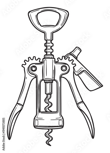 Essential kitchen gadget featuring a winged corkscrew with integrated bottle opener tool, perfect for culinary blogs, drink recipe presentations, and household product advertisements.