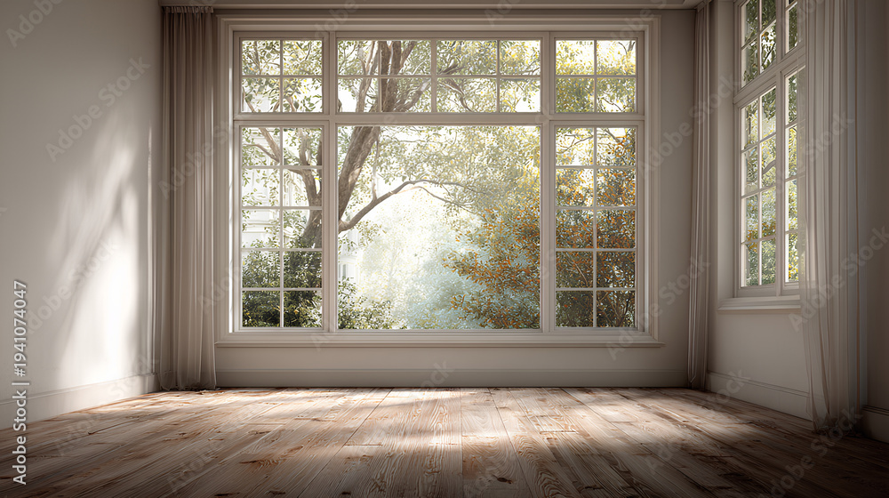 Fototapeta premium Empty room with large window natural light and wooden floor 3D render Stock Illustration