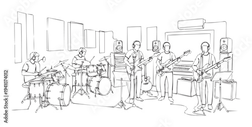 Musical band composed of five musicians playing drums, electric guitars, bass, and keyboard in a professional recording studio, perfect for capturing music production and live performance