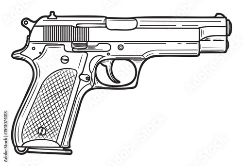 Bold black line drawing of a classic semiautomatic handgun, perfect for various graphic applications, educational materials, or security related presentations