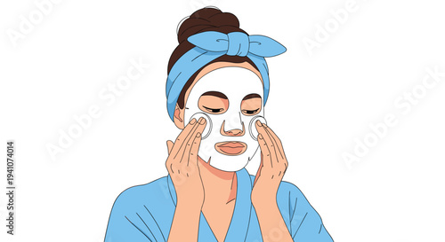 Beautiful woman applying a white sheet mask to her face as part of a relaxing daily skincare routine at home for healthy skin.