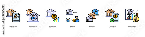 Residential Real Estate Market web banner icon vector illustration featuring Foreclosure, Residential, Expensive, Broker, Housing, Collateral, and Investment.