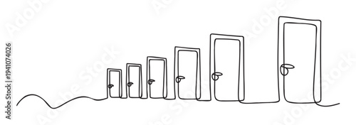 Single line drawing of a progression of growing doors symbolizing career advancement, future possibilities, and overcoming challenges for corporate training materials and goalsetting